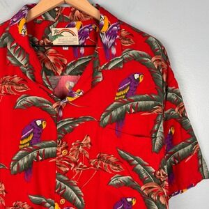 Paradise Found Magnum PI Mens 2XL Red Parrot Tropical Hawaiian Rayon Shirt FLAW